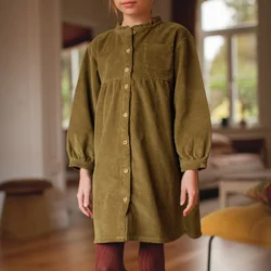 Chic Front Pockets Vintage Corduroy Dress Girls Spring New Mori Ruched Crew Neck Children's Warm High Waisted A-Line Dresses