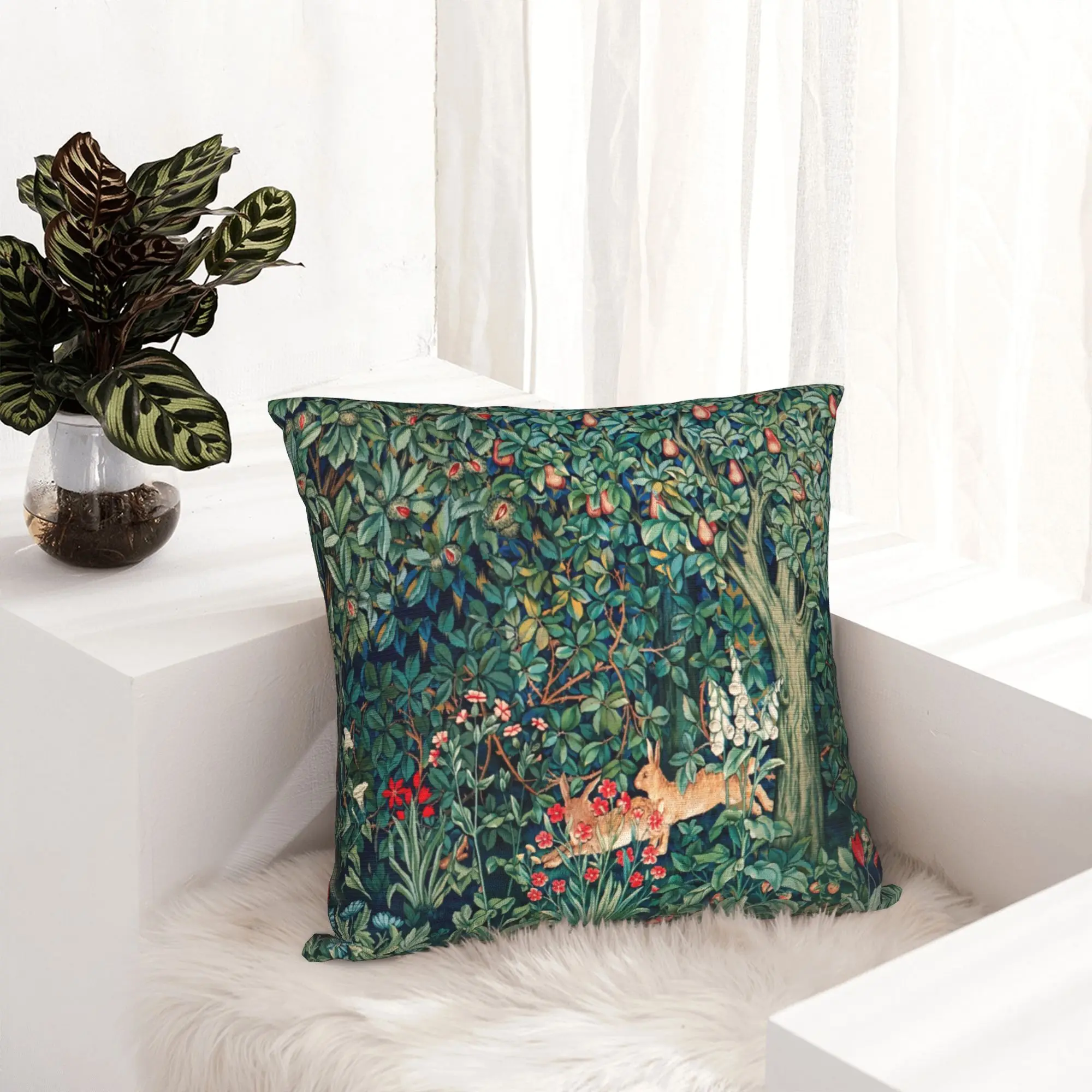 Greenery Forest Animals Pheasant on Tree Squirrel Hares Blue Green Floral Modern Pillow Cover Bedroom Decoration  Chair Cushion