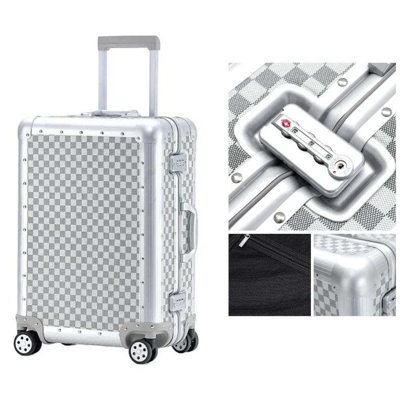 2025 New Men Women Rotating Retro Aluminum Frame PC Checkerboard Truss Luggage Travel Mute Cardan Wheel Suitcase 캐리어