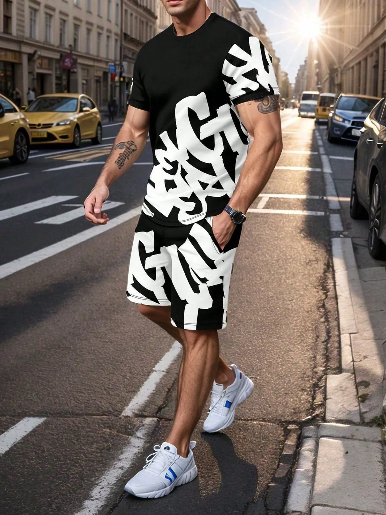 

2026 Summer New Men's Short-Sleeved Set with 3D Letter Pattern Print for Street Casual Fashion Comfortable and Breathable