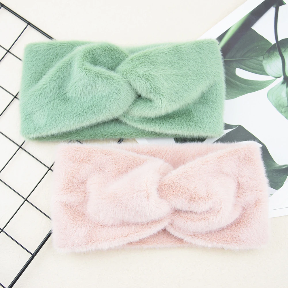 Women Headband Turban Plush Elastic Hair Bands Imitation Mink Fur Cross Hairband Hair Accessories Solid Color Wide Headwrap DIY