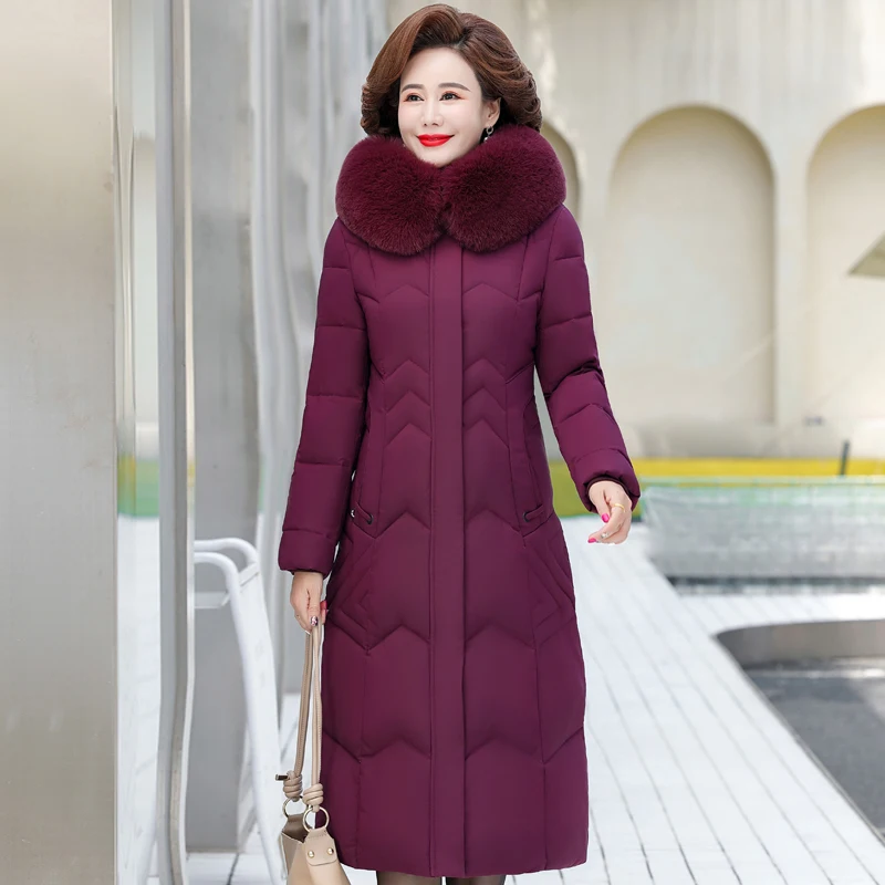 

2023 New Winter X-Long Jacket for Women Casual Thick Warm Middle-aged Female Coat Hooded Fur Collar Elegant Winter Parkas