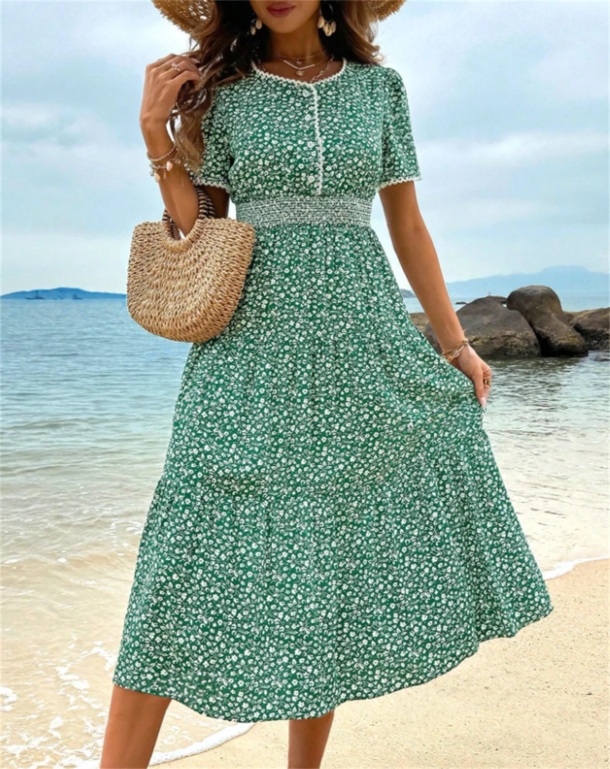 Fashion  Floral Print Crew Neck Dress Elegant Short Sleeve   Green Print A line Dress For Spring  Summer  Women\'s Clothing