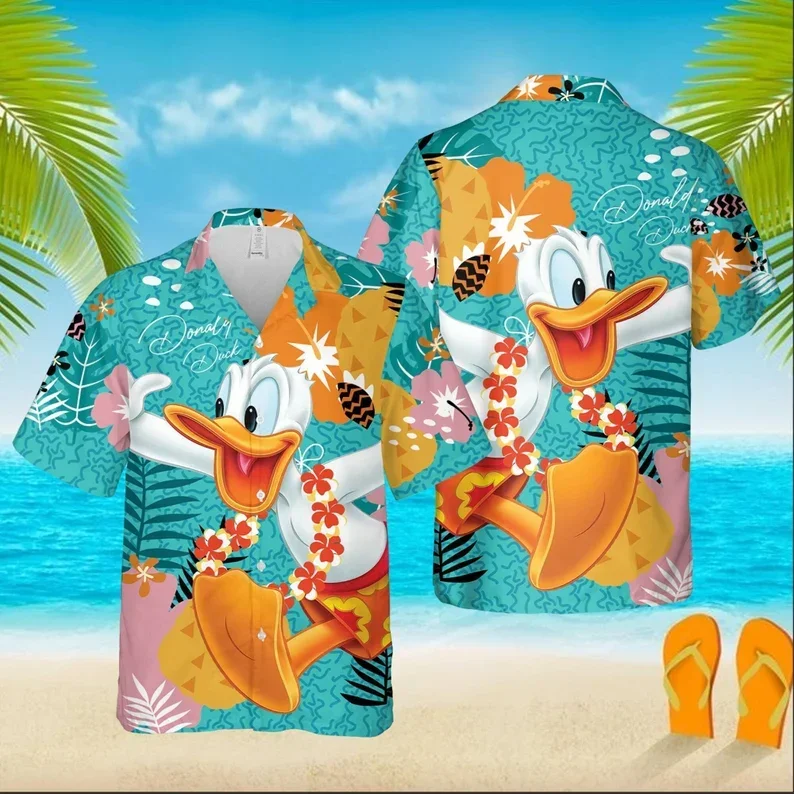 

2024 Disney Donald Duck Hawaiian Shirt Hawaiian Shirt Flowers Aloha Beach Men and Women Shirts Summer Shirt