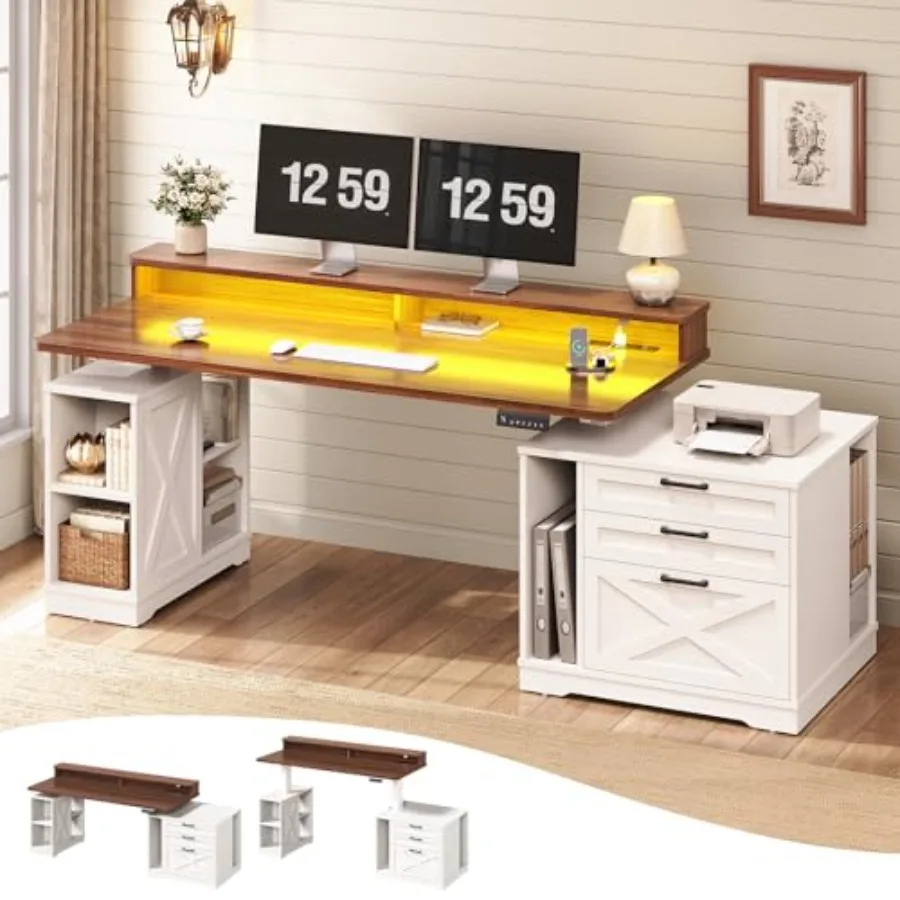 Farmhouse electric standing desk for home office use, solid wood top in white finish, height-adjustable with quiet dual-motor l