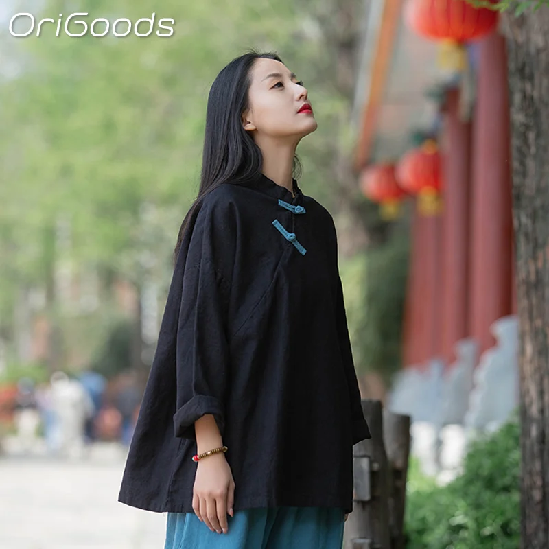 OriGoods Chinese Traditional Clothing Long Sleeve Shirt Women Loose Linen Cotton 2024 New Shirts National Blouse Tops B052