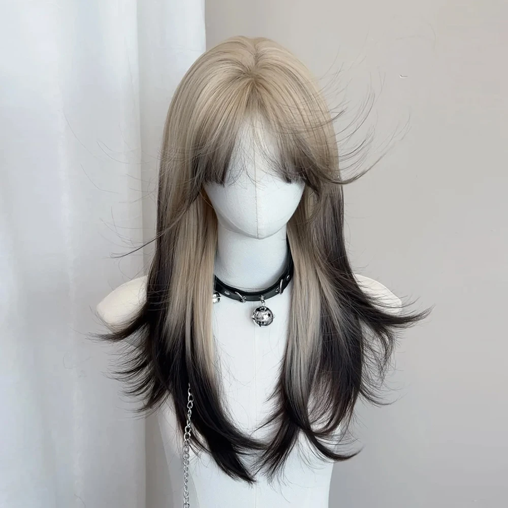 Ombre Blonde Black Synthetic Layered Wig for Lolita Cosplay Daily Party Women Long Straight Wig with Bangs image 4