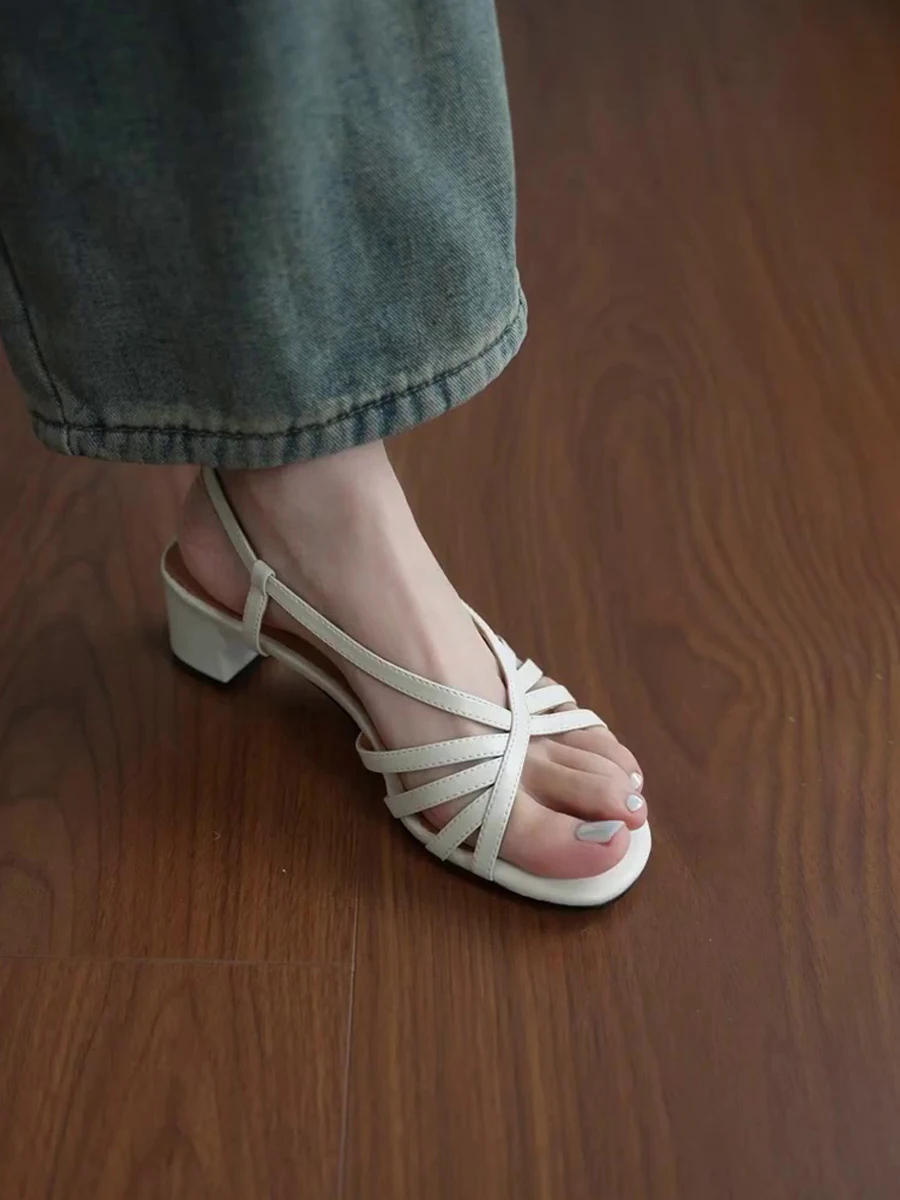 

Ladies Leather Version Chunky Heel Woven Strap Open Toe Sandals Roman High Heels Fashionable Holiday Style Daily Wear