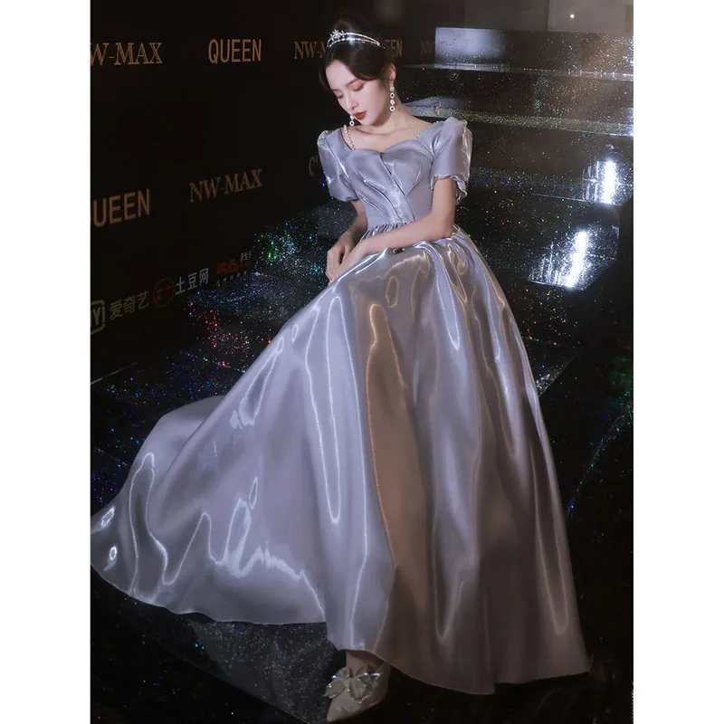 

Temperament Bridesmaid Dress Simple Satin Square Collar Puff Sleeve Grace Evening Gown Floor-Length French Wedding Party Dresses