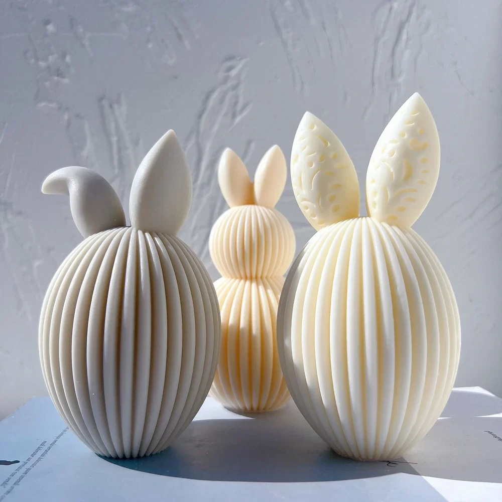 Ribbed Egg Rabbit Ear Candle Mold Aesthetic Silicone Mould Geometric Striped Soy Wax Mold For Easter Decor