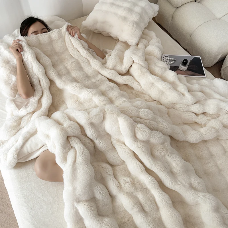 WOSTAR Faux fur plush throw blanket warm winter soft fluffy blankets for bed luxury plaid couch cover for sofa pillow case gift