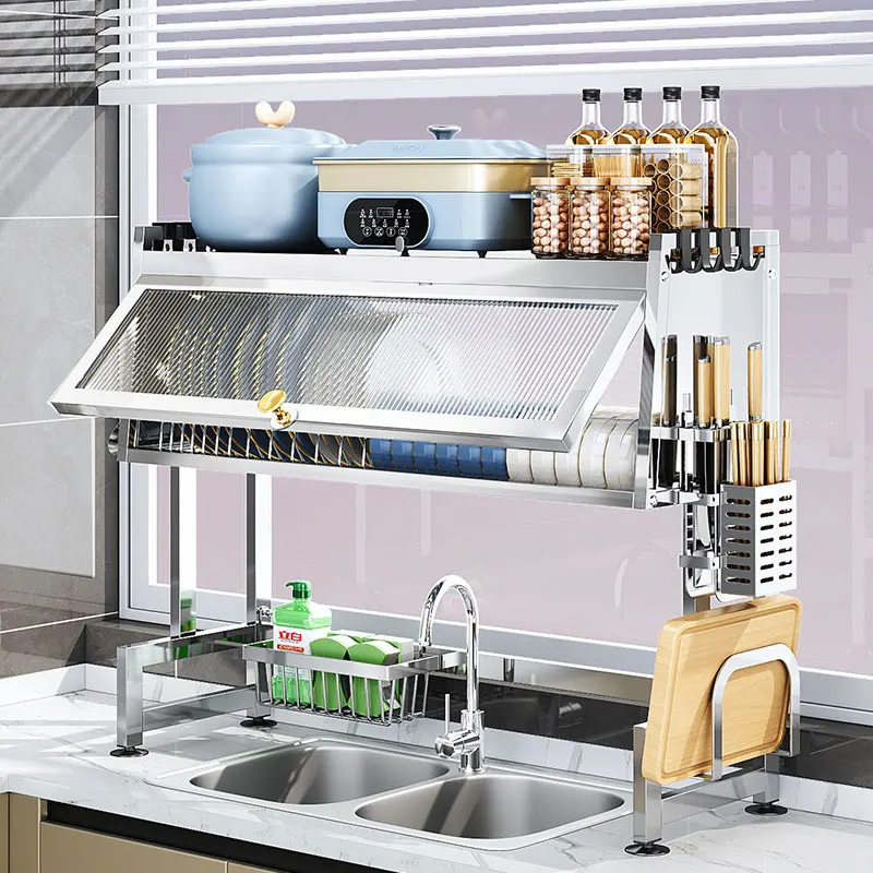 

Over Sink Dish Drainer Rack Stainless Steel 2 Tier Storage Large Capacity Kitchen Countertop Cutlery Organizer Dustproof Cabinet