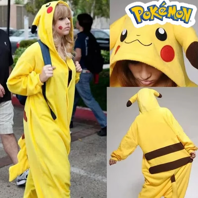 Pokemon Pikachu ropa de casa de franela cálida para adultos Otoño e Invierno mono suave Cosplay Animal pijamas con capucha ropa de dormir para padres e hijos