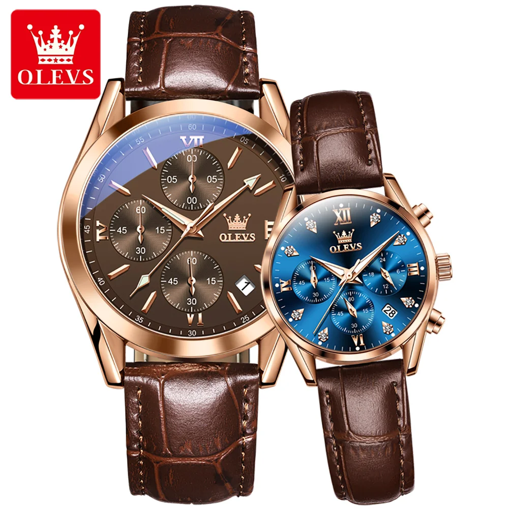 OLEVS-Montre à quartz chronographe de marque de luxe pour hommes et femmes, bracelet en cuir, étanche, calendrier Shoe, montres de couple à la mode