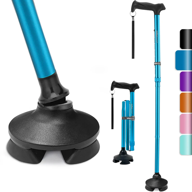 

Lightweight Folding Walking Stick Cane for Elderly People with Buffered T Handle Pivoting Quad Base Anti-Slip Hiking Crutches
