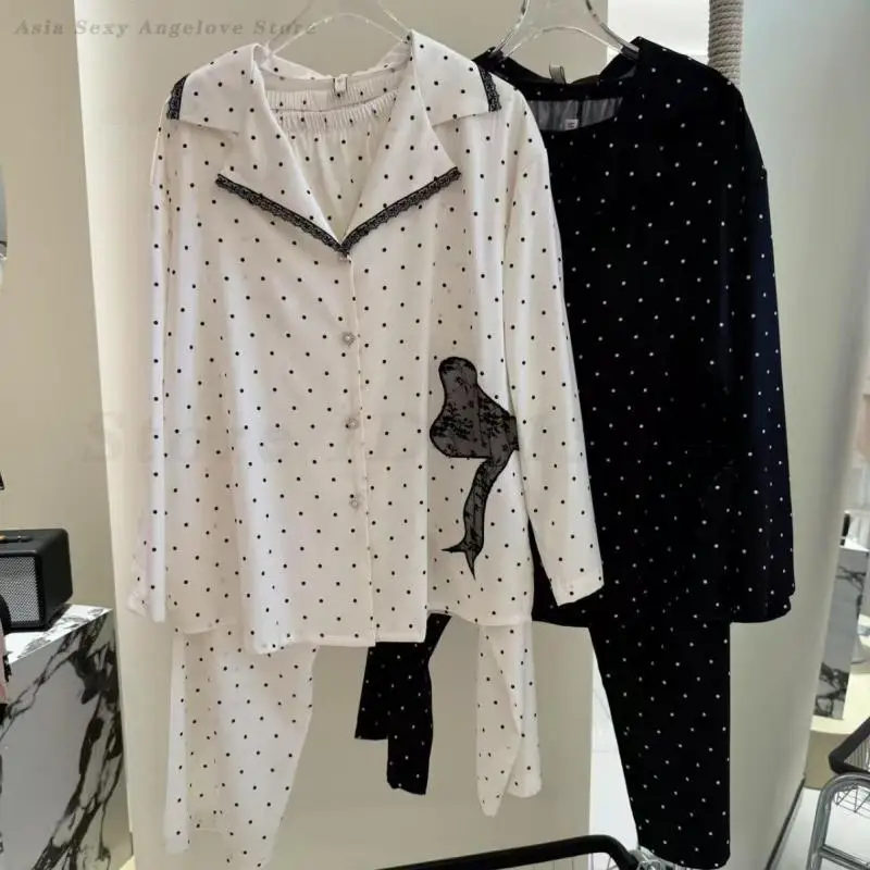 

Polka Dot Pajamas Suit Sexy Lace Edge Nightwear Silky Satin Pyjamas Women Home Clothes Casual Sleepwear Lapel Collar Pijamas