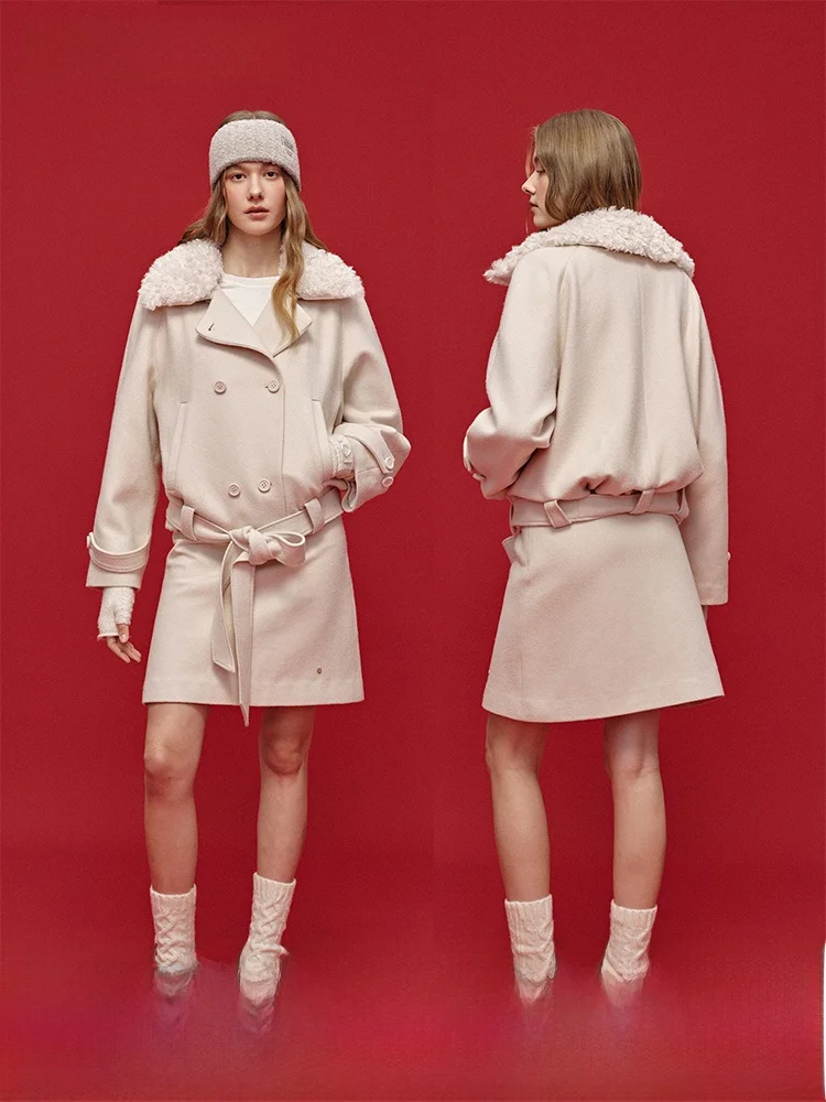 

Romantic Resonance Moonmoi Women's Detachable Fur Collar Belted Jaet Skirt Set Casual Sle Spring Faion Outerwear