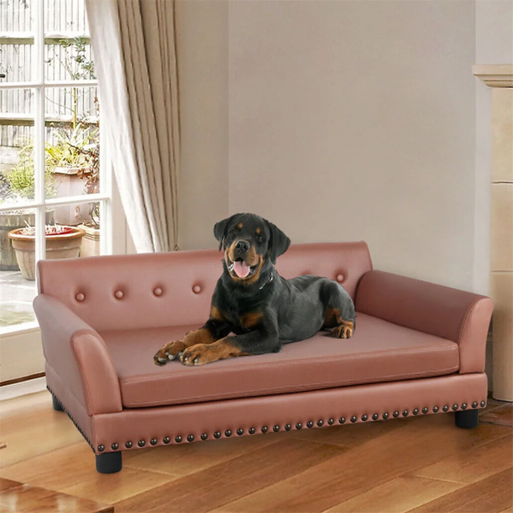 Large Elevated Dog Bed PU Leather Luxury Dog Sofa Couch Waterproof Pet Animal Backrest Snuggle Lounge Bed with Removable Cushion