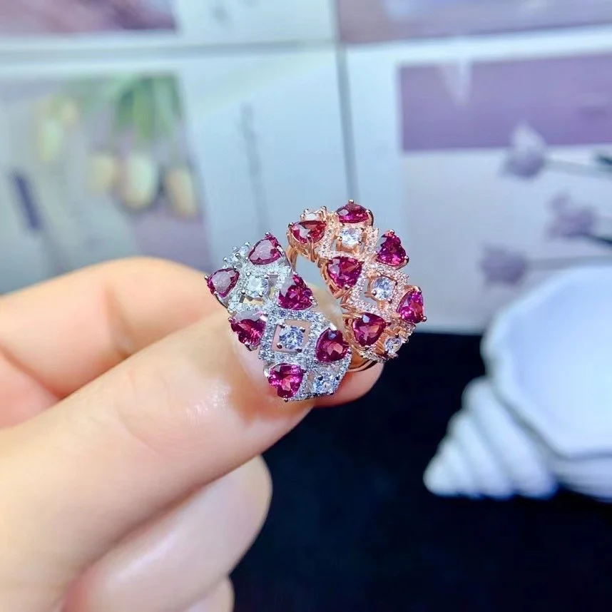 

Luxury 925 Silver Garnet Ring for Wedding 4mm Heart Shape Natural Pyrope Garnet Ring 18K Gold Plated Gemstone Ring