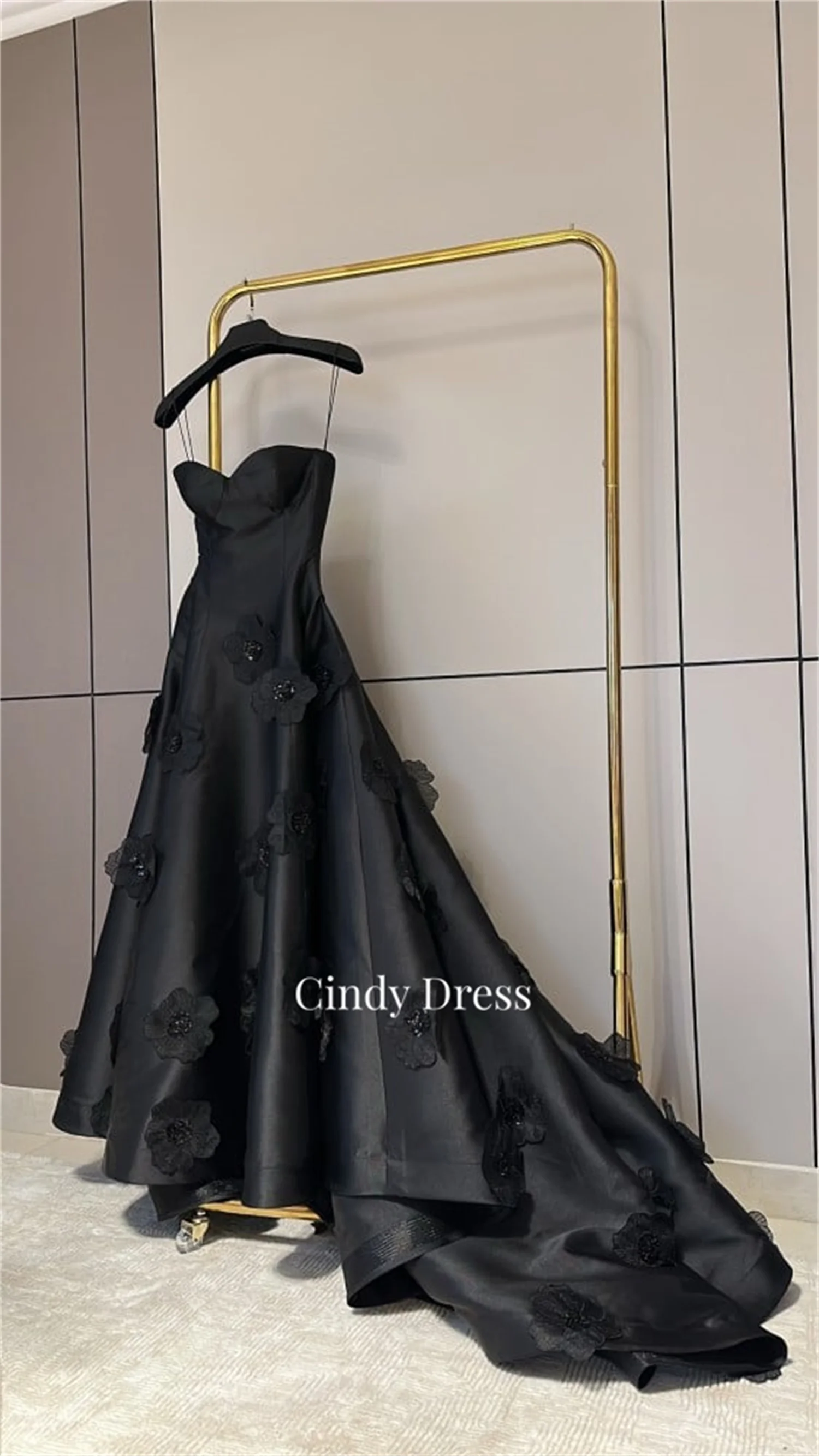 Long Tail Black Satin 3D Flowers Quinceanera Dress Customized for Formal Occasions Royal Engagement Dress Prom Gown Ball Gowns