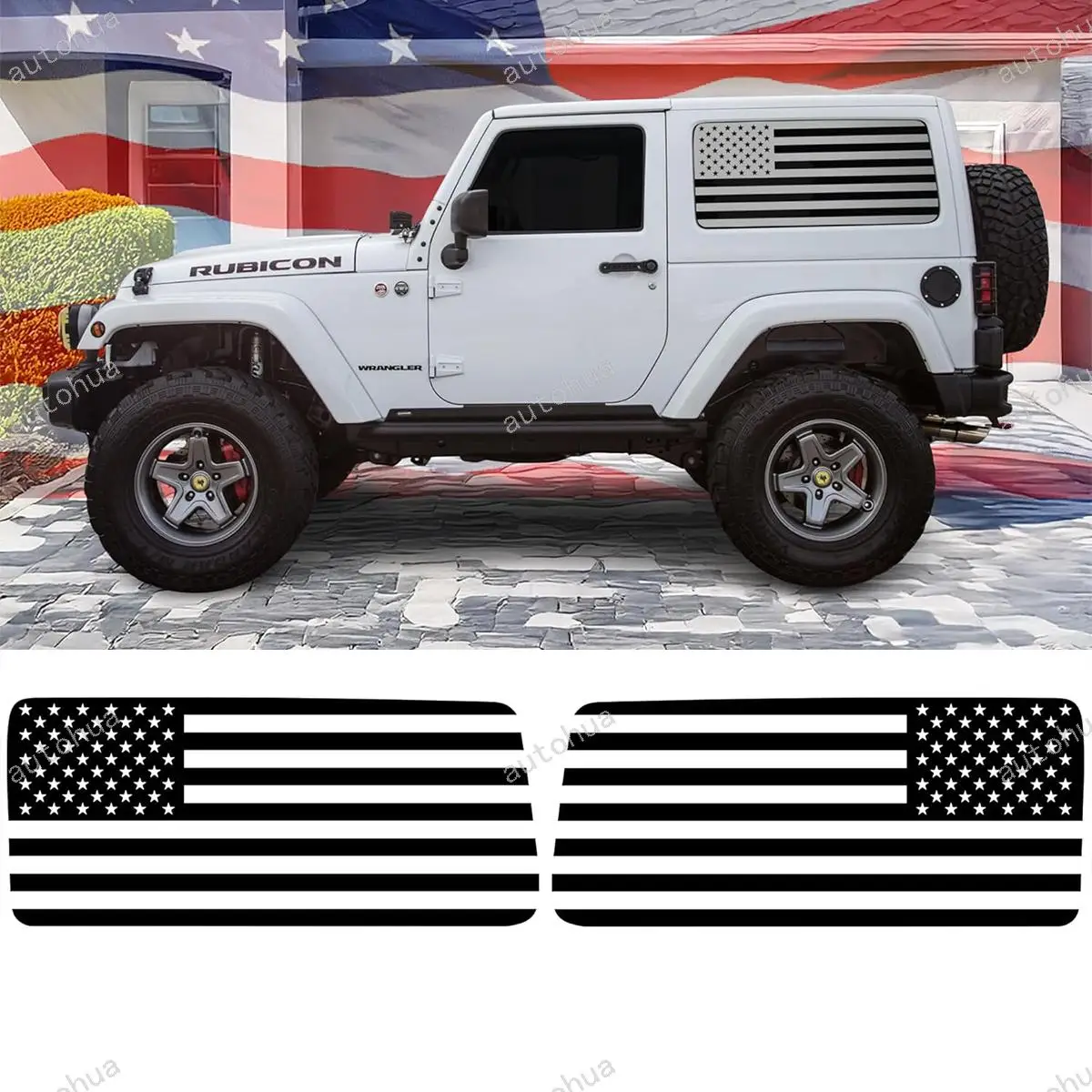 

Precut American Flag Rear Side Quarter Window Decals For Jeep Wrangler JK 2011-2018, Matte Black 2Pcs