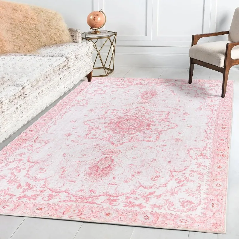 Non-Slip Backing Area Rugs Pink Soft Carpet Foldable Machine Retro Washable for Living Room Bedroom Dining Home Office Decorate