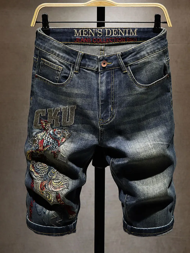 

High-End Embroidered Carp Fi Denim orts Men's Trendy Elastic Slim Fit Five-Quarter Pants Casual mid Waist Jeans