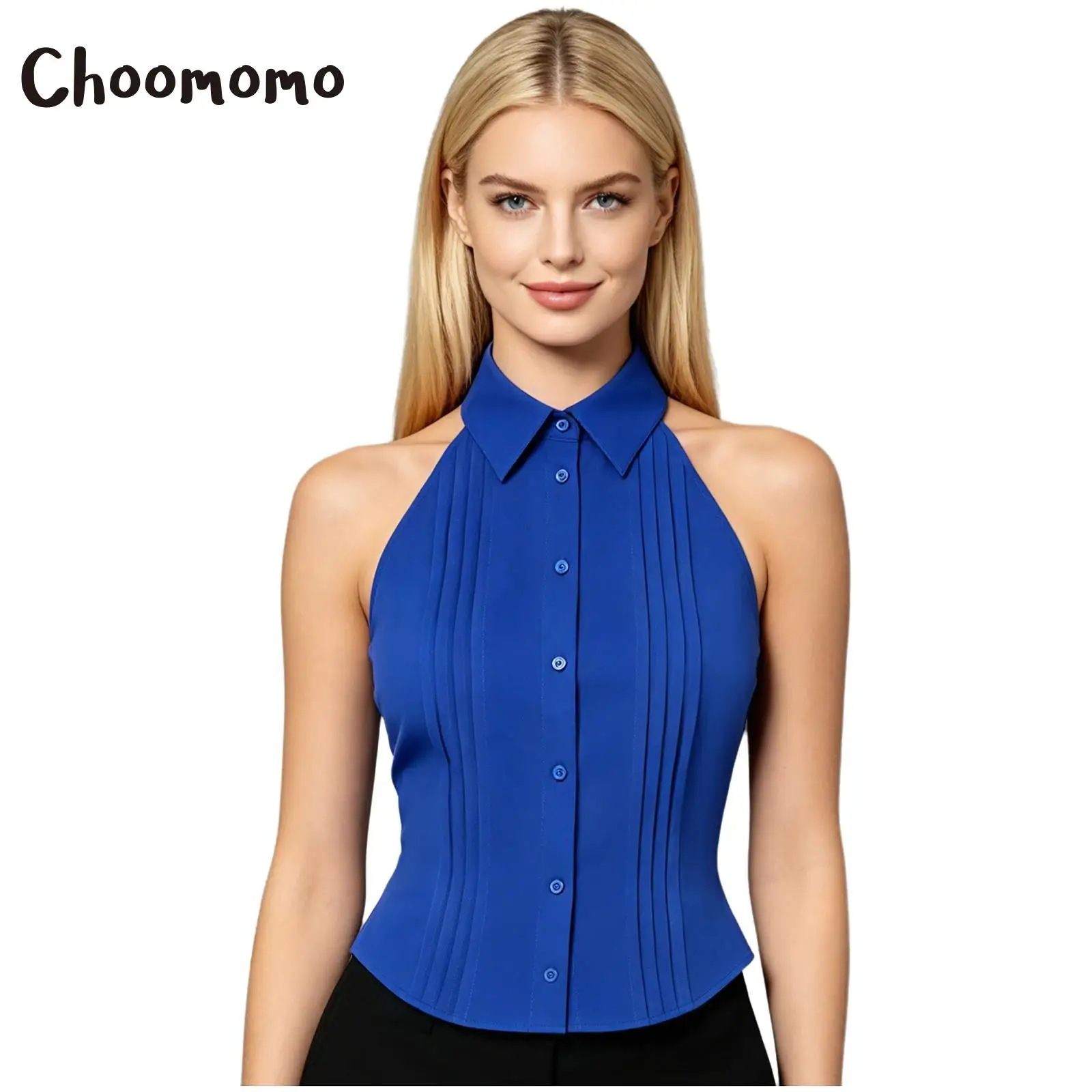 Women Elegant Halter Tank Top Front Pleated Sleeveless Lapel Button-down Shirt Vest Solid Color Blouse for Casual Office Work