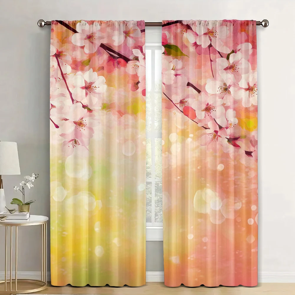 2Pcs Nature Curtains Japanese Cherry Sakura Floral Art In Soft Color Over Blurred Background Living Room Bedroom Window