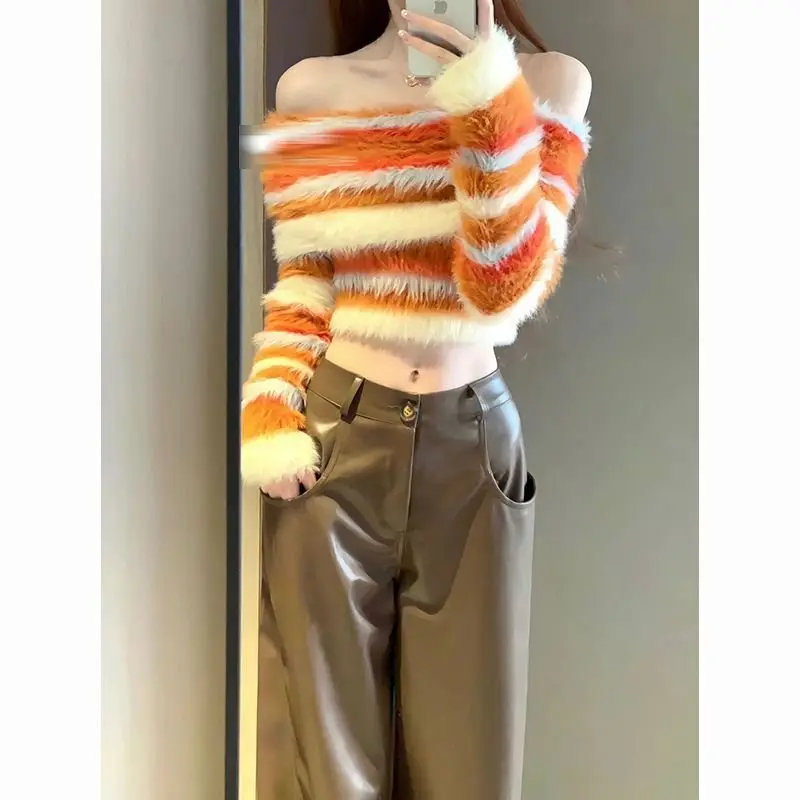 

Christmas Clothes American Sexy One Shoulder Striped Sweaters Slim Fit Knitted Tops Women E-girl Long Sleeve Pullovers Mujer