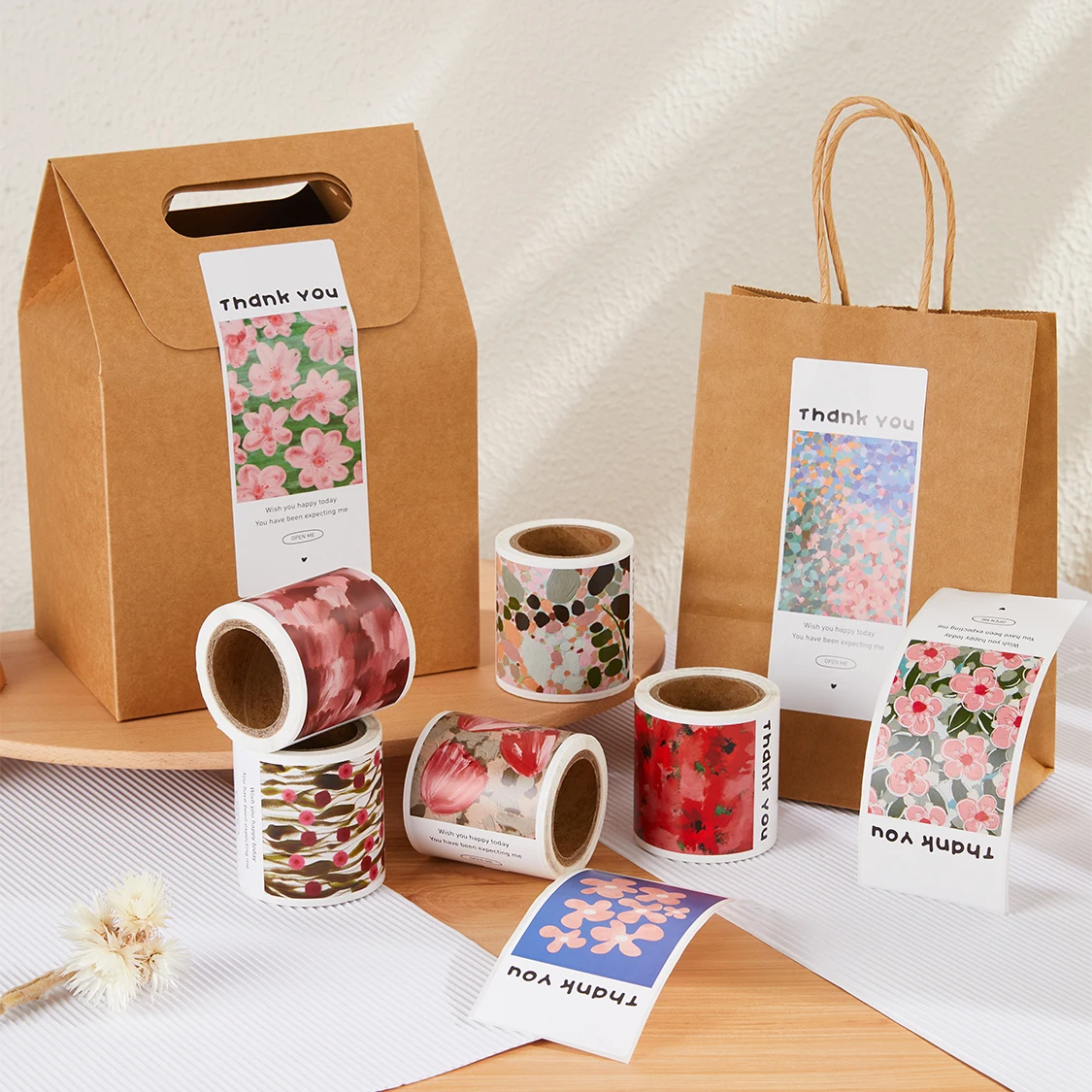 Flower Oil Painting Stickers Square Thank You Sealing Paste Aircraft Box Exquisite Gift Box Decoration Stickers 50Pcs/Roll
