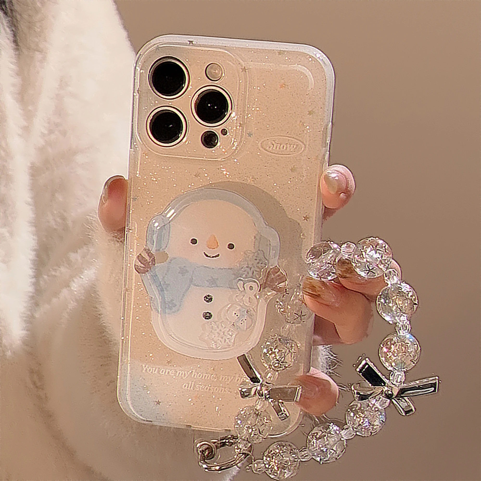 Ins Blue Scarf Snowman Star Bracket Bow Bracelet Glitter Powder Phone Case for iPhone 16 15 14 13 12 Pro Max 11 Back Cover Funda