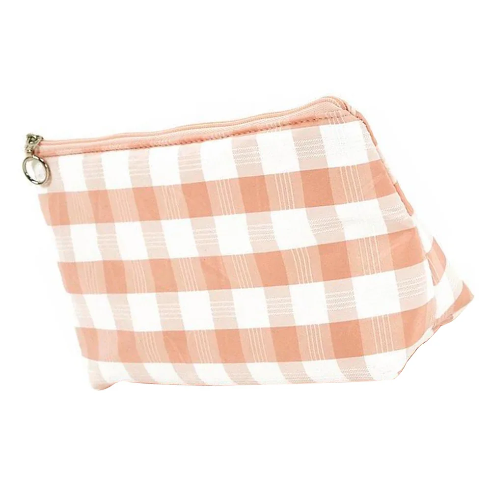 

1pc Large Bag Zipper Travel Makeup Storage Canvas Plaid Toiletry Organizer Lightweight Durable Convenient For Daily Use
