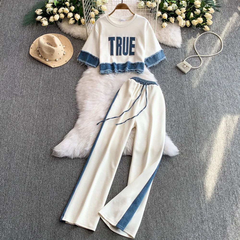 Women Denim Splicing Casual Pants Sets Tassel Short Top + High-waisted Slimming Wide-leg Pants Two-piece Set