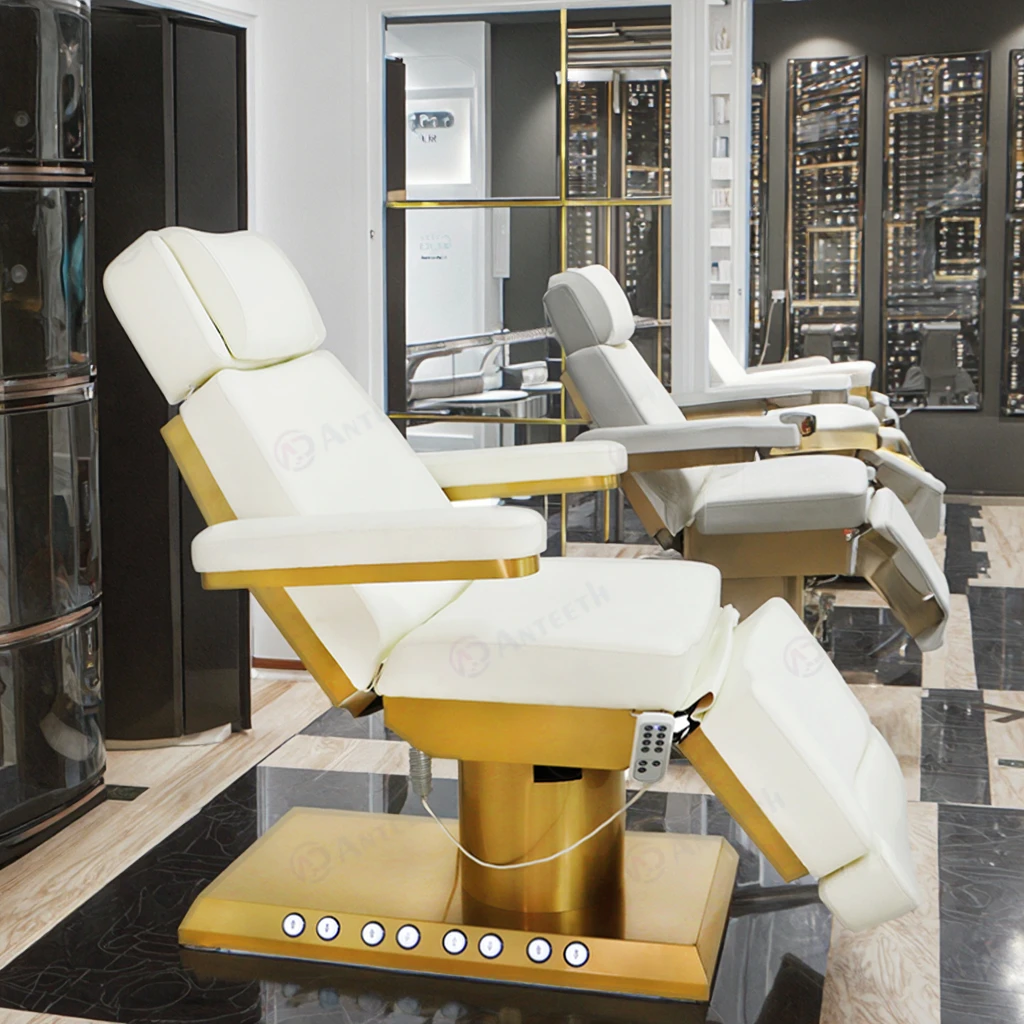 Facial Bed Beauty Salon Furniture Golden Base Spa Lash Tattoo Bed Massage Table Built-in Foot Control Electric Massage Bed
