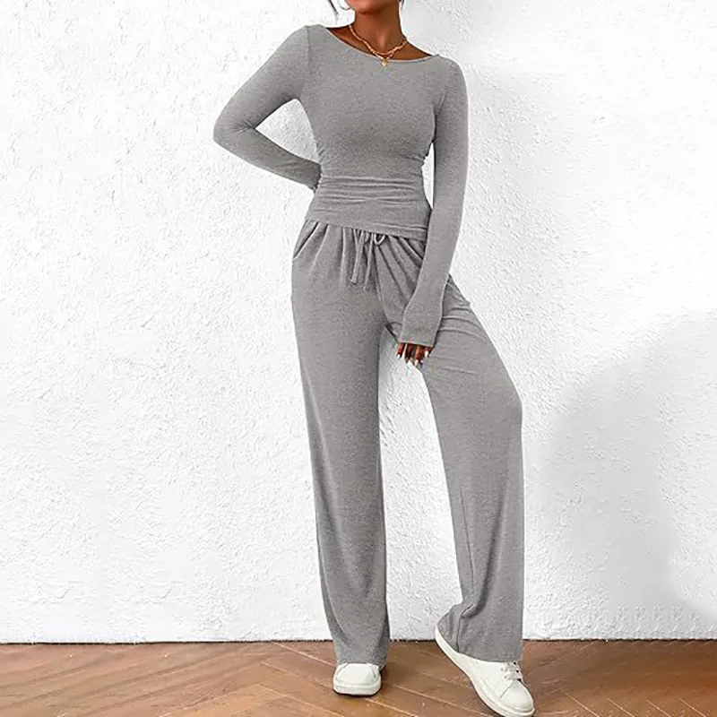 Spring Autumn Women Casual Tracksuit Asymmetric Slim T-shirt+Wide Leg Pants 2 Pieces Sets Solid Color Outfits Female Sports Suit