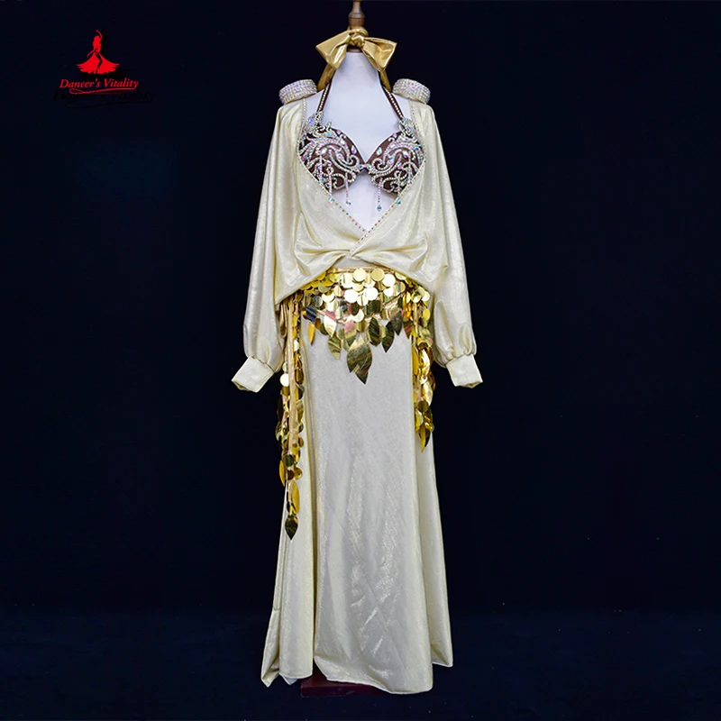 

Belly Dance Performance Costume Suit for Women Long Sleeves Robe Headdress Belt Bra 4pcs Baladi Saidi Belly Dancing Wear Outfit