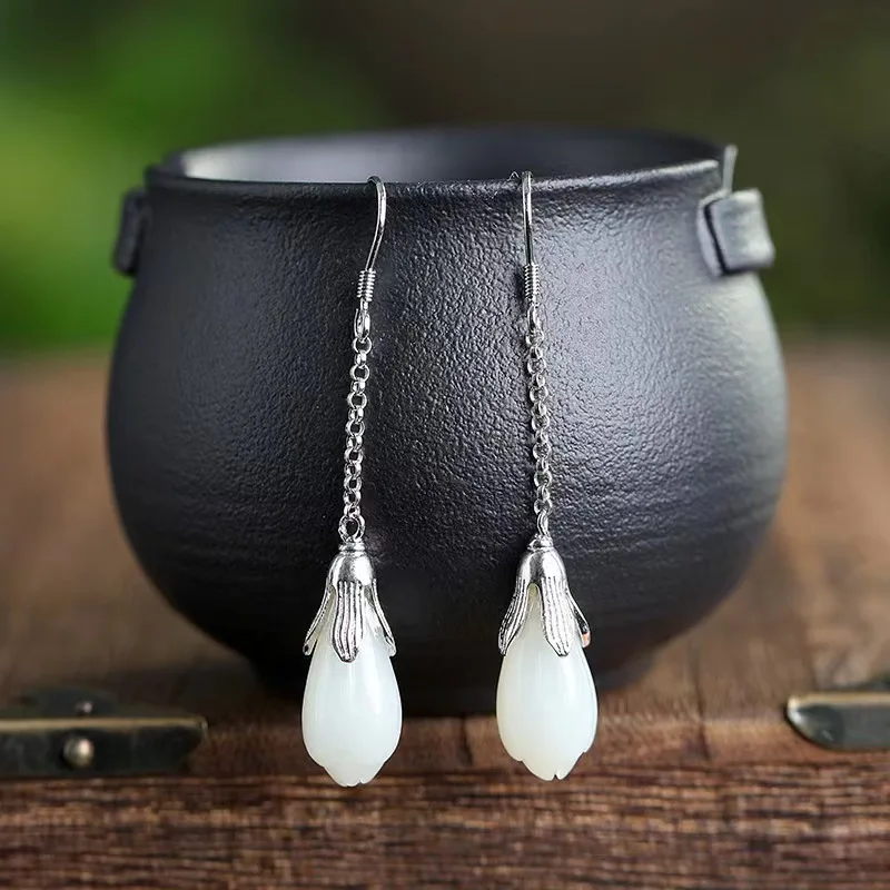 

S925 Sterling Silver Inlaid Hetian Jade Earrings For Women's Fashion Versatile Simple Silver Earrings For Girlfriend Gifts