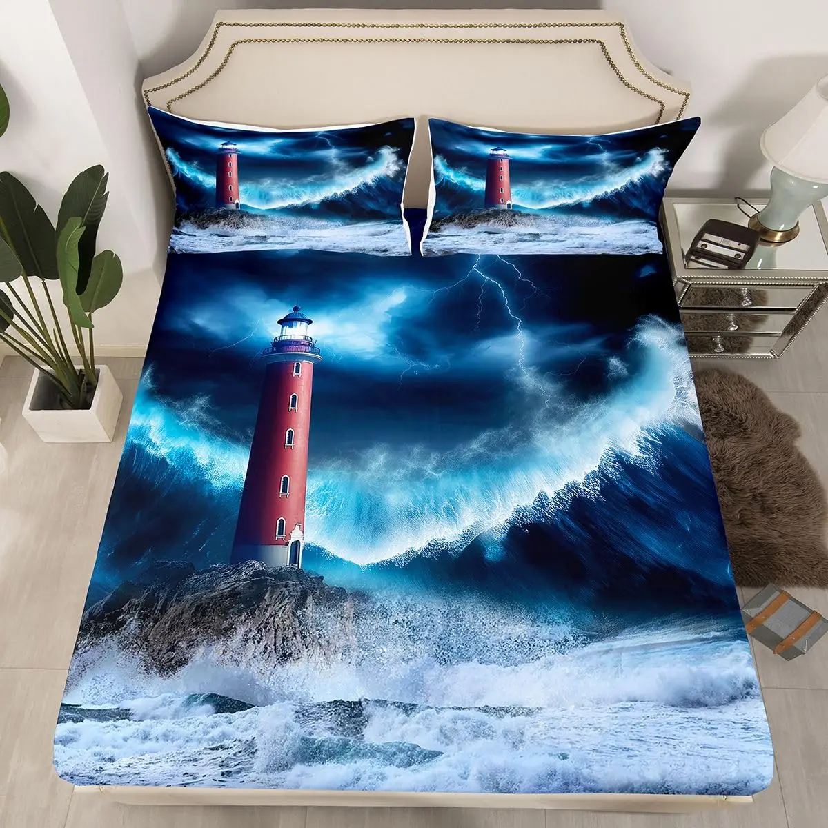 Nautical Lighthouse Fitted Sheet Sea Wave Bed Sheet,Ocean Landscape Print Sheet Islands Coastal Bed Sheets Set with Deep Pocket