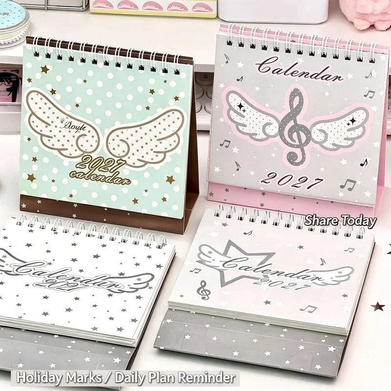 Angel Wings 2027 Desk Calendar Sweet Musical Note Coil Monthly Planner Student Desktop Decor Schedule Calendar