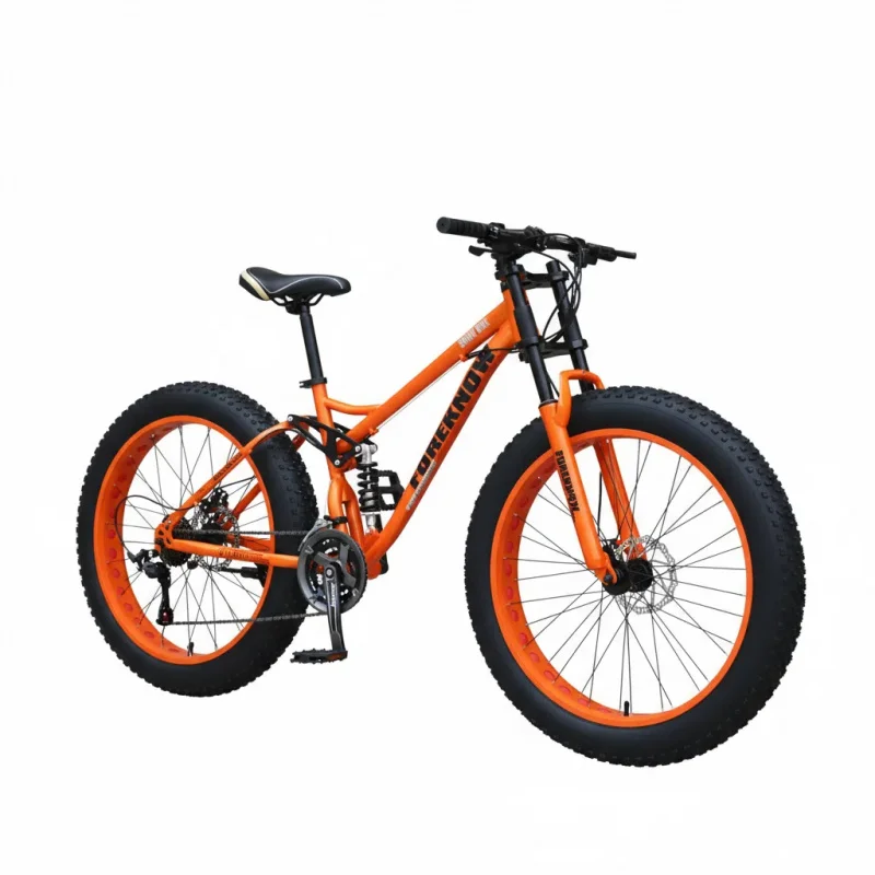 Orange 24' Variable Speed Off-Road Mountain Bike for Adults with Shock Absorption And Ultra-Wide 4.0 Tires Beach And Snow