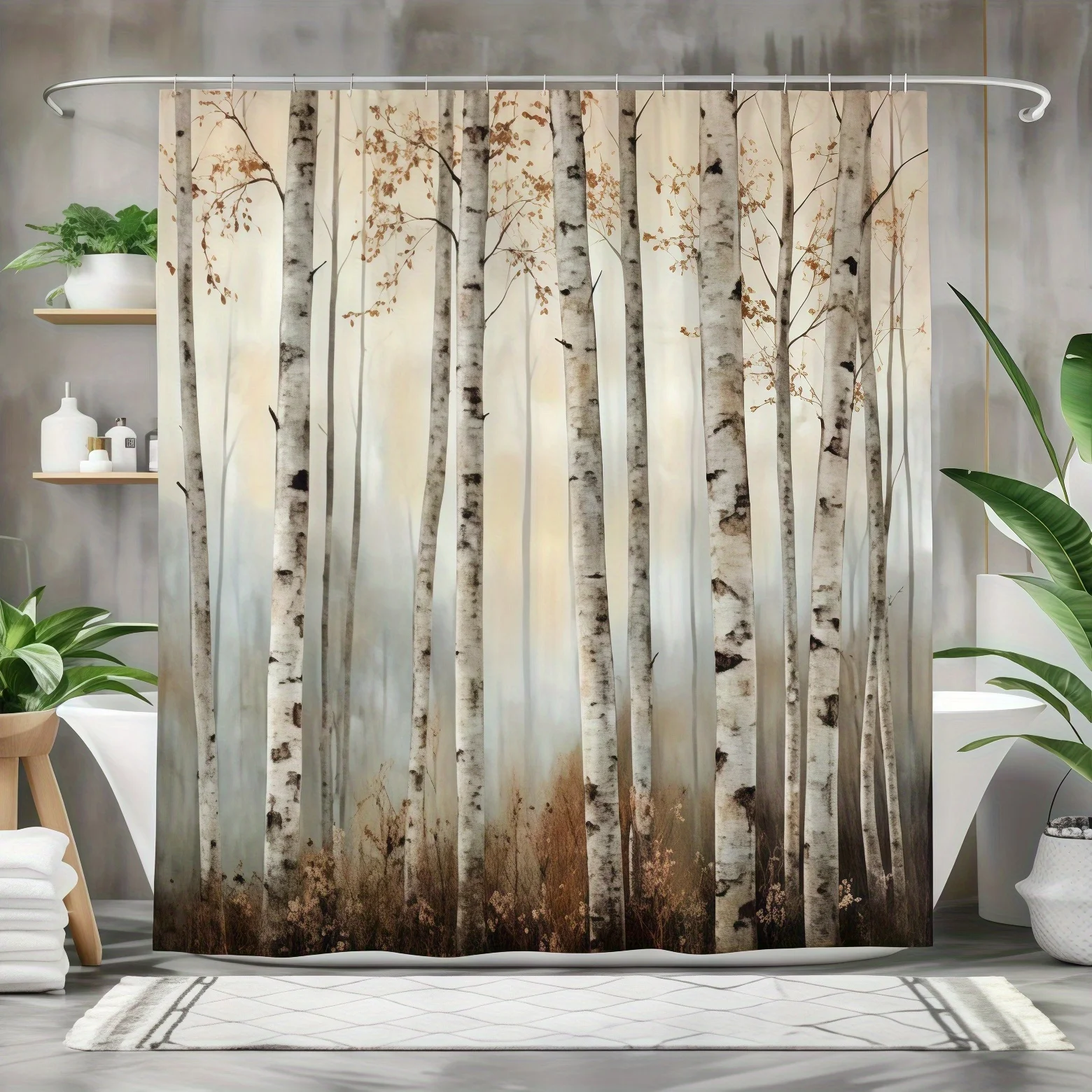 

Modern Shower Curtain Durable Polyester 1pc Modern Forest Birch Tree Shower Curtain Set | Machine Washable, Includes Hooks for