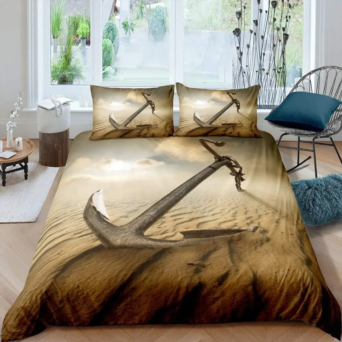 Ocean Beach Ship Anchor Duvet Cover Set Nautical Polyester Comforter Cover for Men Women Sunset Blue Sky White Clouds King Size