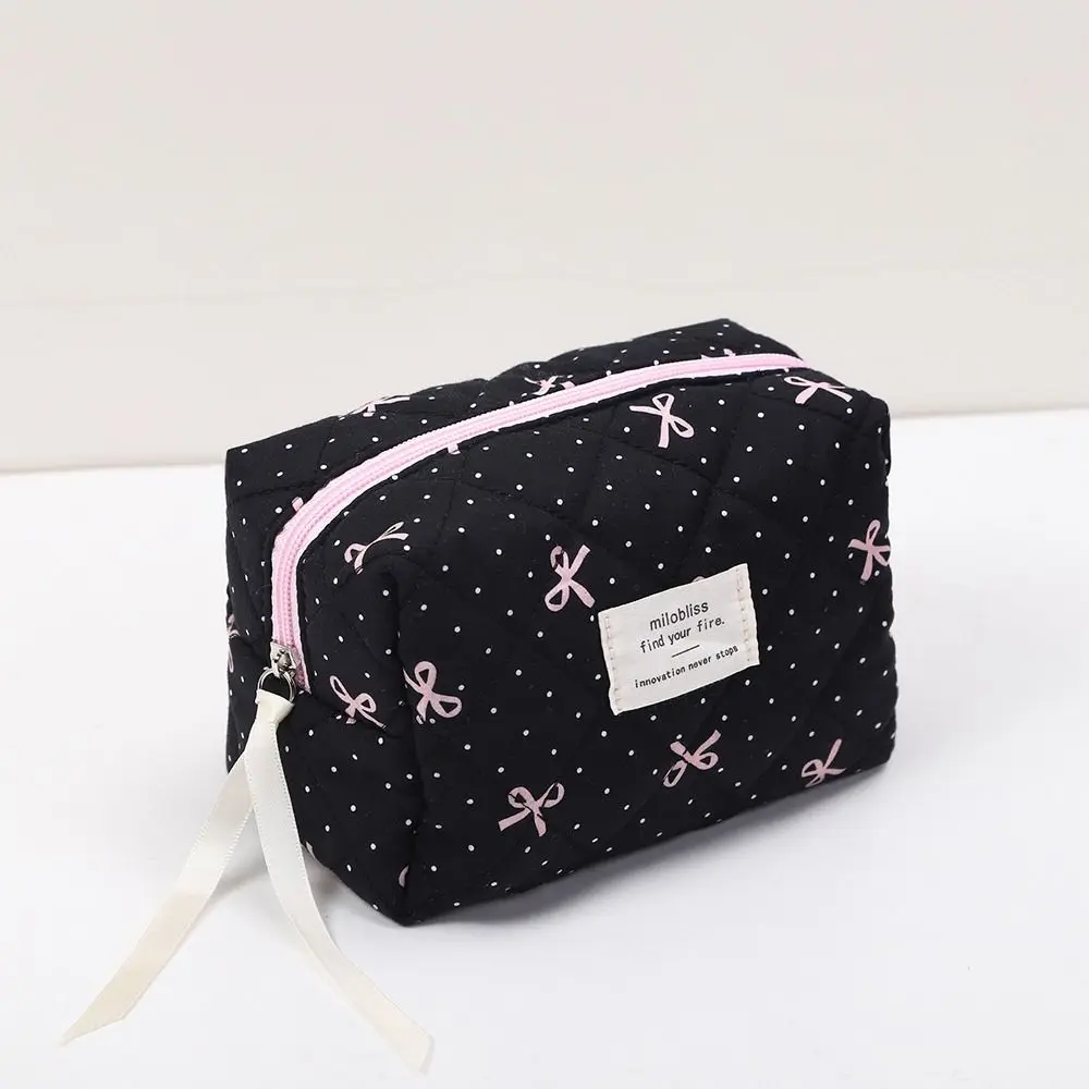 Cute Pink Bow Quilted Makeup Bag Polka Dot Daily Coquette Makeup Pouch Large Essentials Organizer Bag