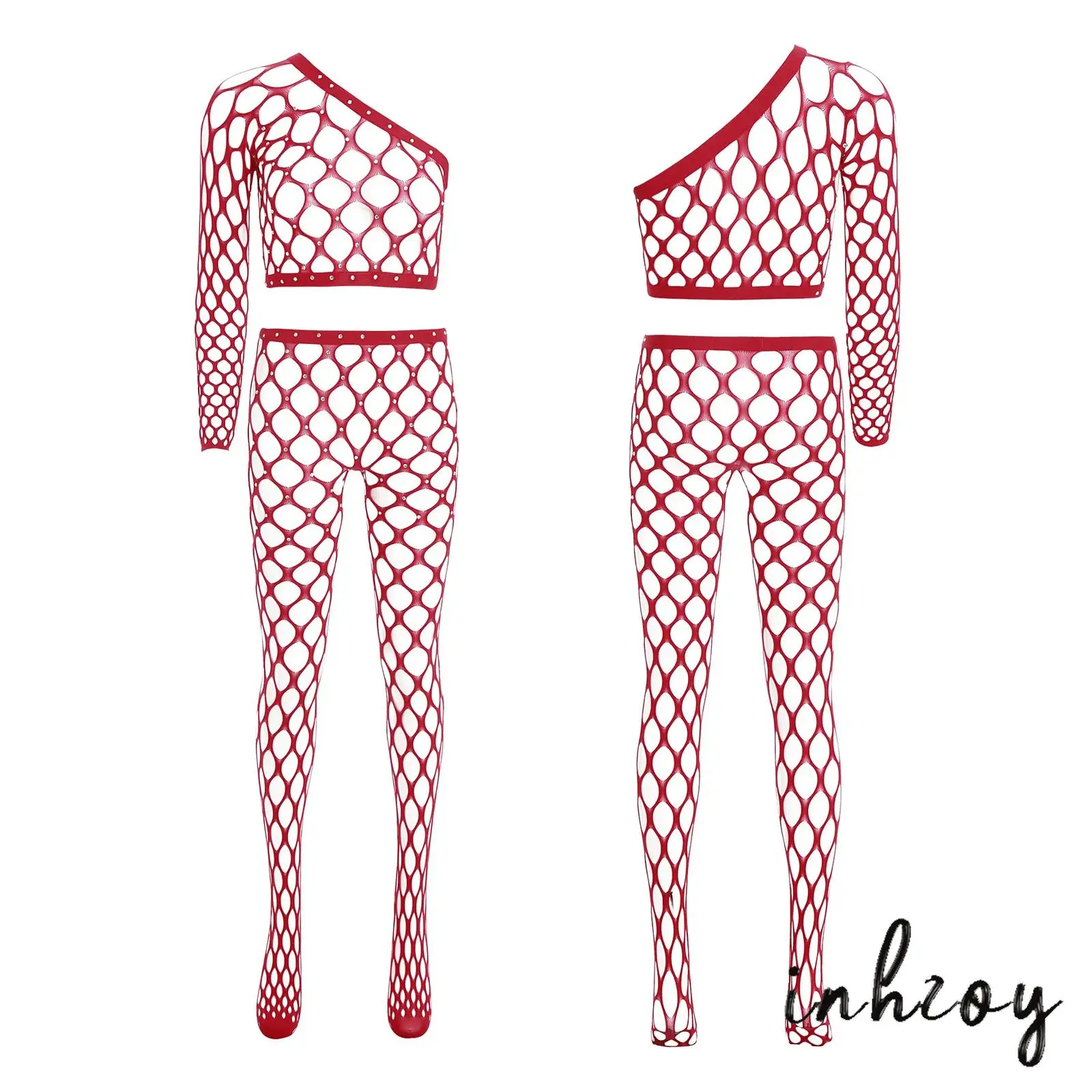

Womens Glittery Rhinestone Fishnet Lingerie Set Single Long Sleeve Crop Top Footed Tights Pantyhose Nightwear Swimsuit Cover Up