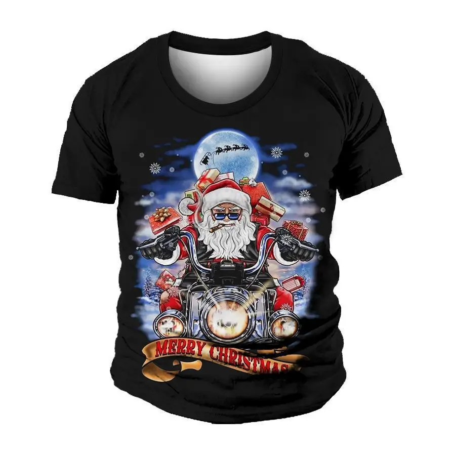 Kaus pria T-shirt Selamat Natal alfabet Santa 3d Pullover leher bulat lengan pendek bermotif pakaian pria ukuran besar