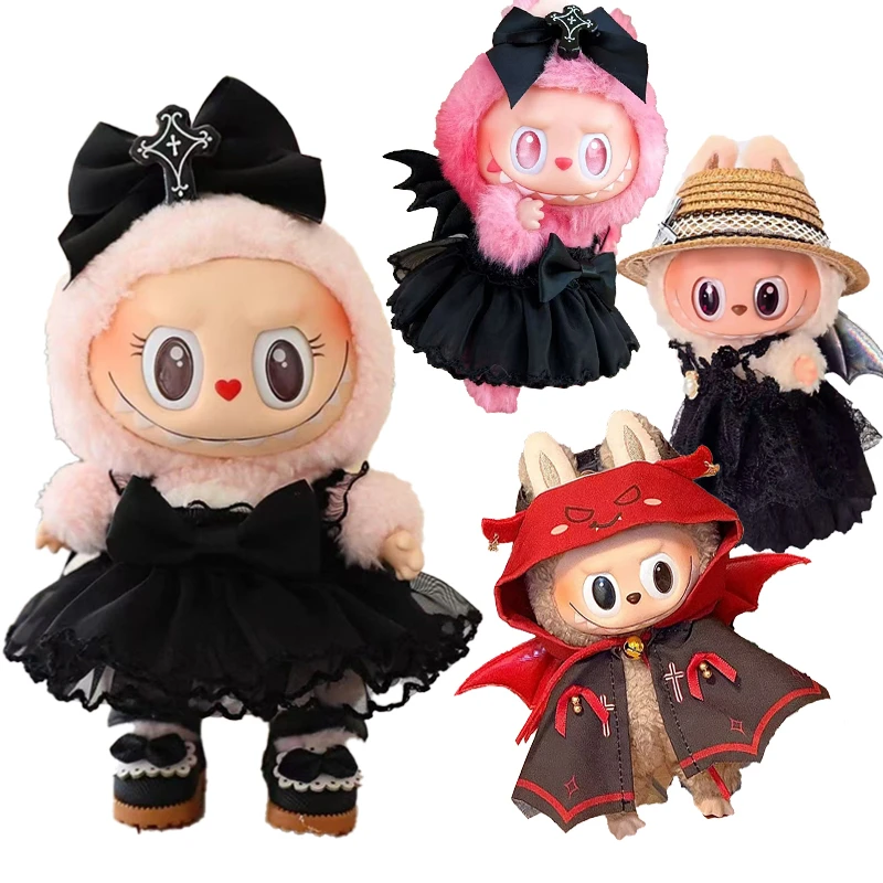 

15 17cm For Labubu Doll Angel Demon Wing Outfit Clothing Chiffon Skirt Pumpkin Halloween Decoration Dollhouse Gift Accessories