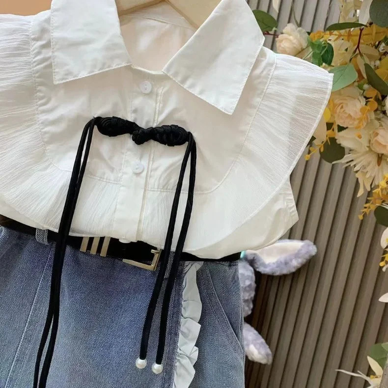 Girl Princess Style Set 2024 Summer New Baby Girl Flying Sleeve Shirt+Cowboy Lace Skirts 2PCSChildren Clothing Sets