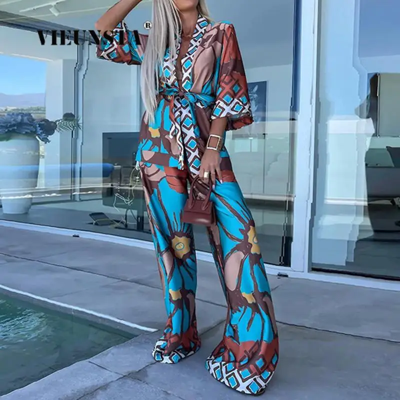 Casual Printed Shirt Pants Sets Women Loose Turn-down Collar Single Breasted Top Wide Leg Pants Female Suits 2024 Spring Summer