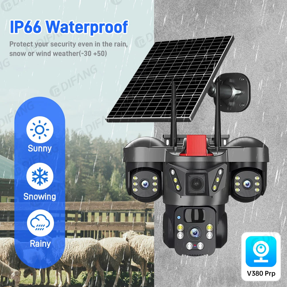 DIFANG V380 Pro Outdoor PTZ 8K WIFI Solar Camera Home Security Triple Lens Camera Zonnepaneel CCTV Video surveillance